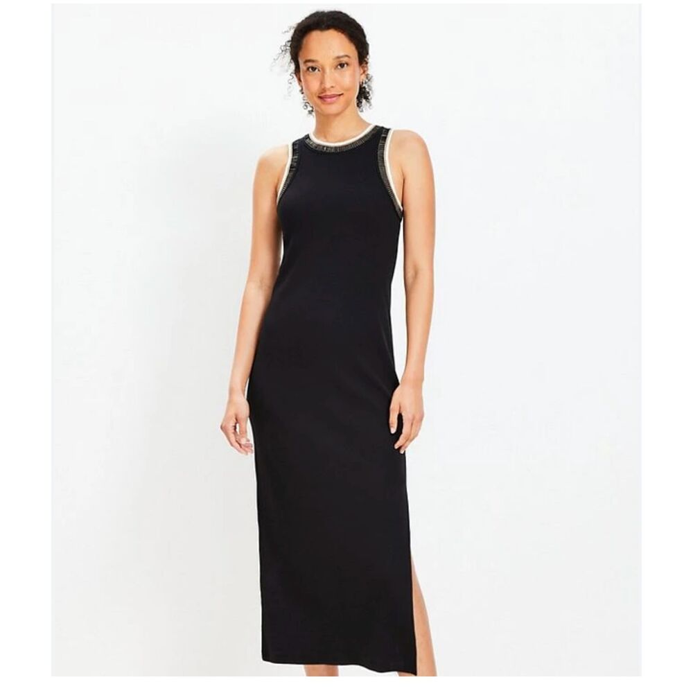 LOFT Sleeveless Beaded Ribbed Maxi Dress Black Gold Womens